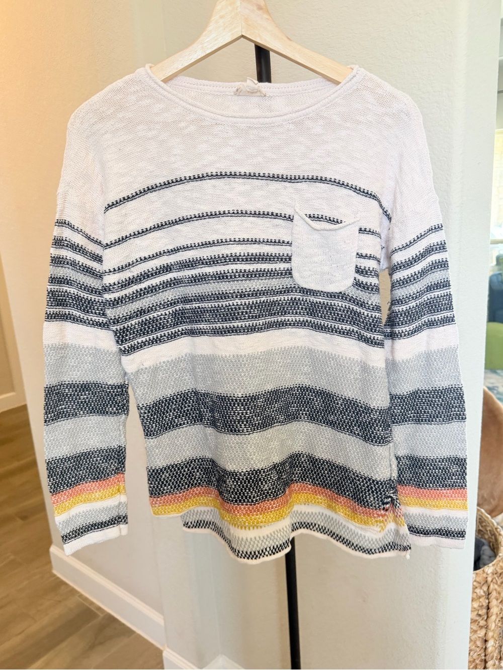 Hem & Thread White Crewneck Sweater Navy Stripes and Rainbow Hem M